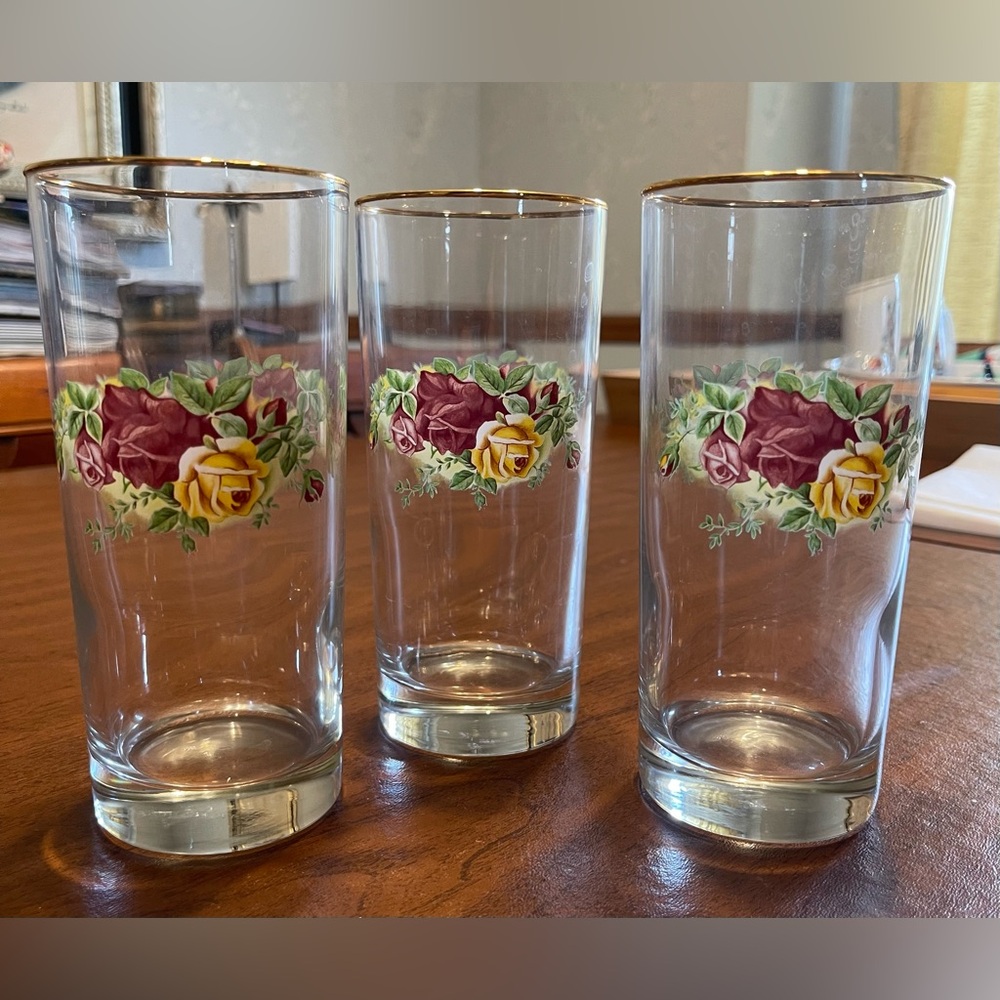 Set of 3 Vintage Royal Albert Highball Glasses. Old Country Roses Pattern